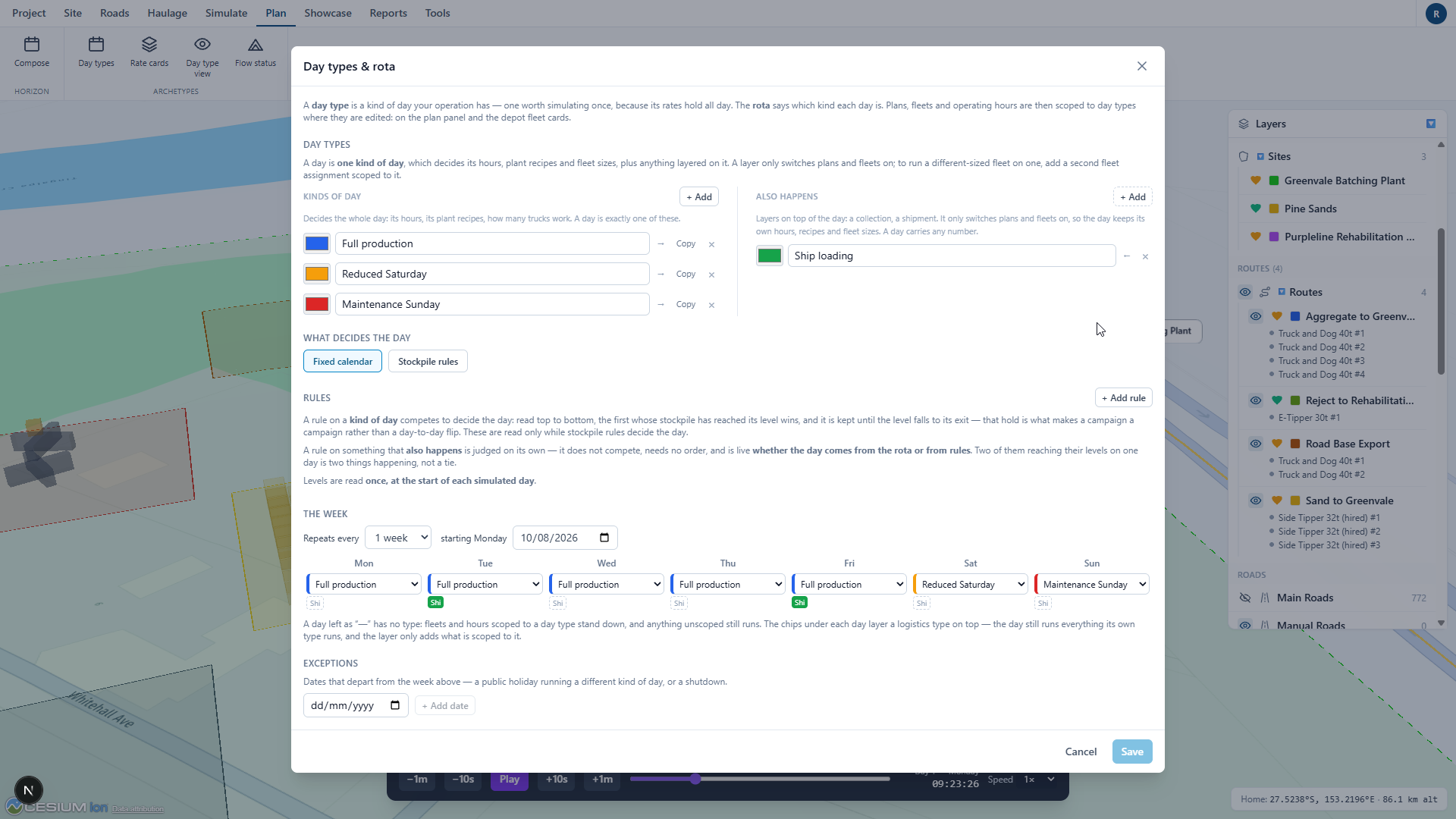 Day types and rota editor with the weekly pattern