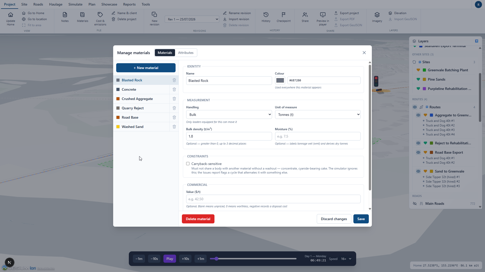 The material library with handling, density and value fields
