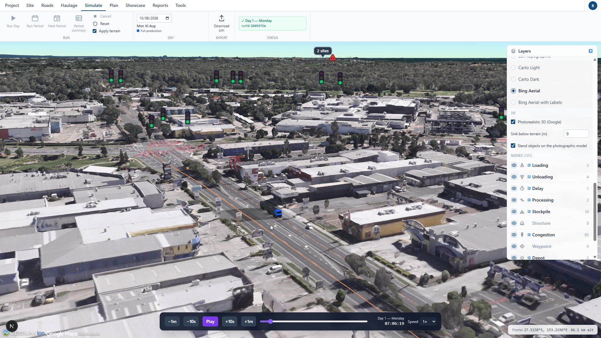 Simulated trucks driving a real street network on photorealistic 3D tiles