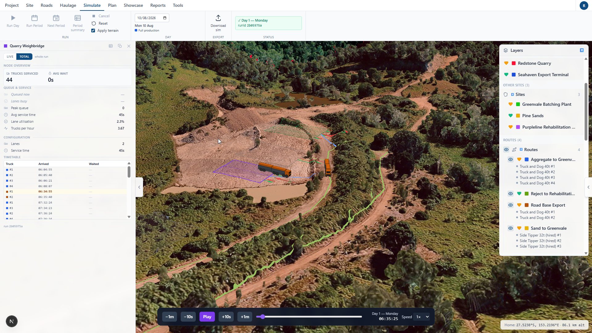 A quarry pit on aerial imagery with haul routes on the terrain