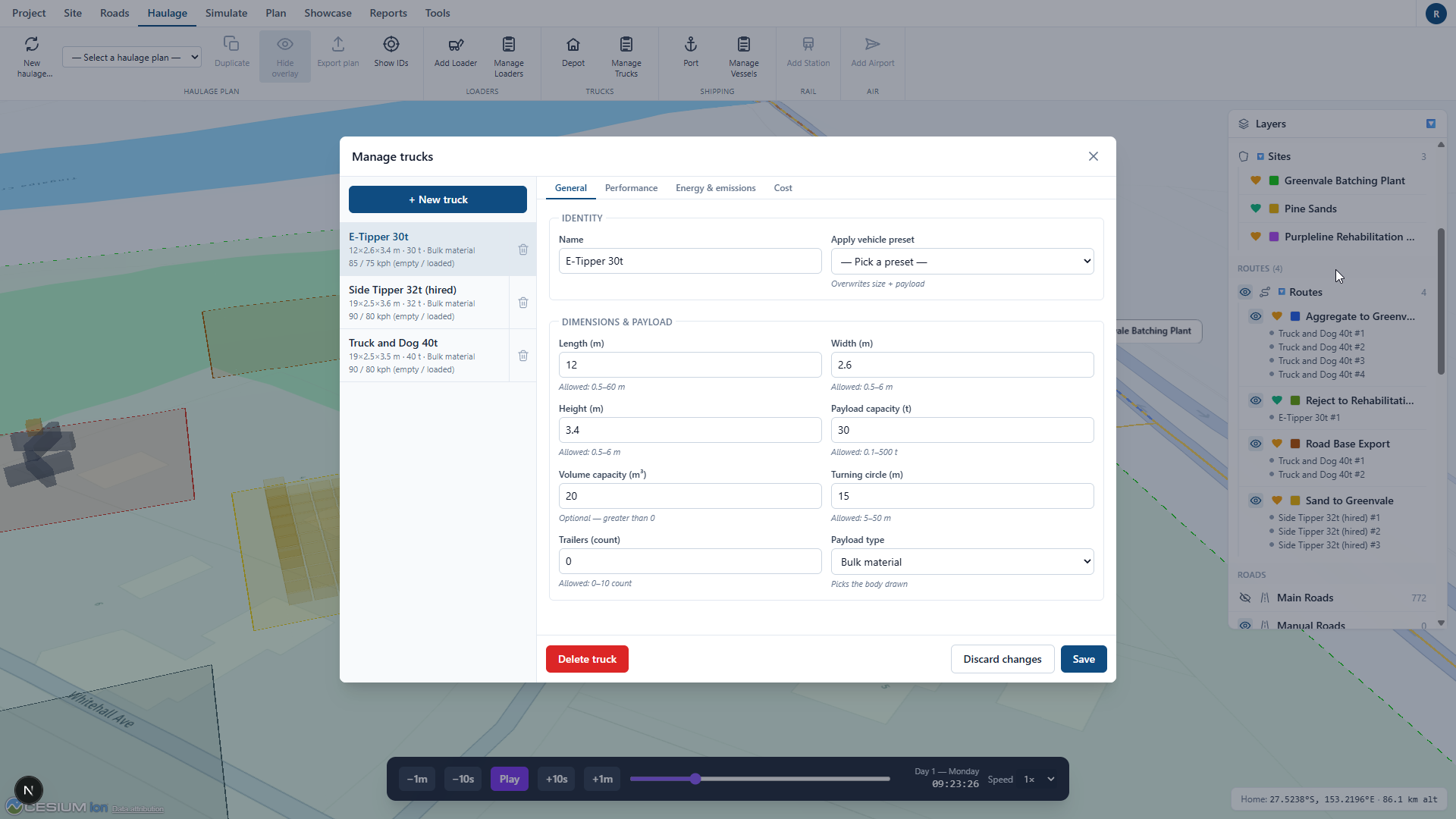 Truck editor with dimensions, payload and turning circle